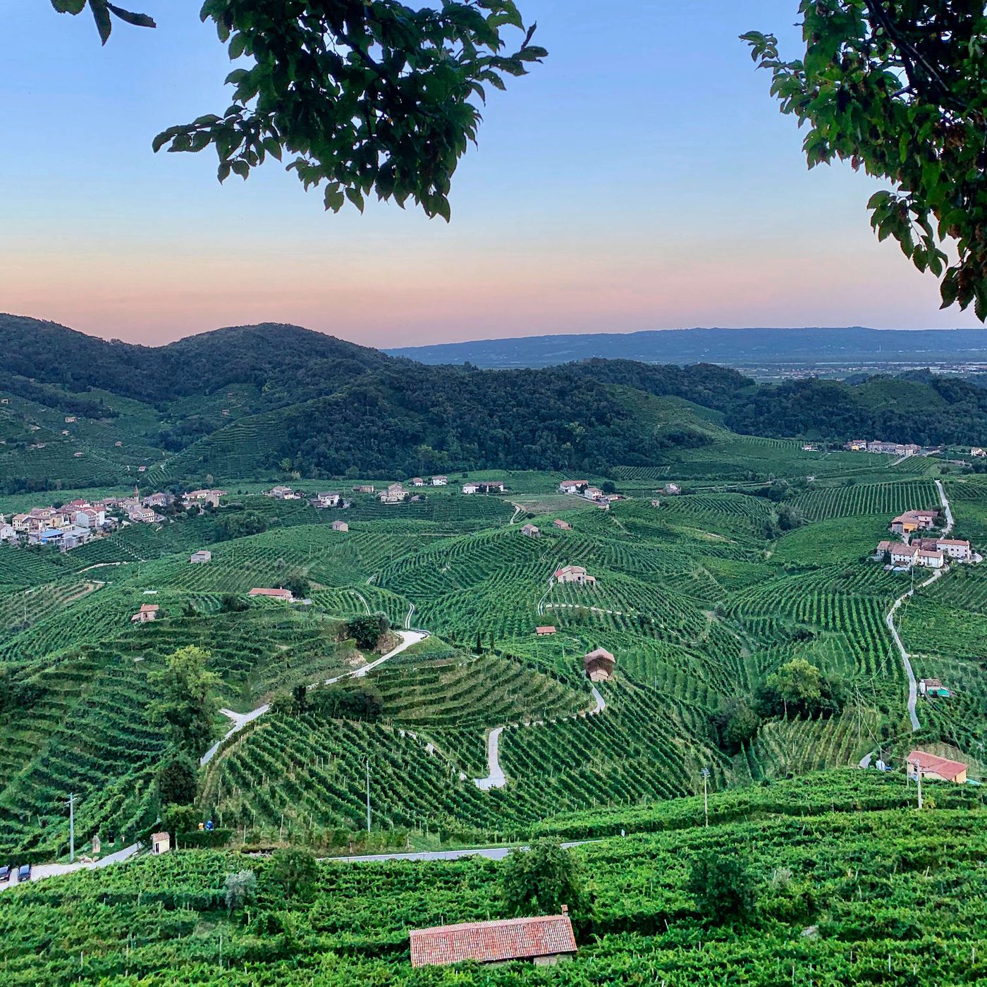 Sunset over the UNESCO-listed hills of Prosecco Superiore DOCG